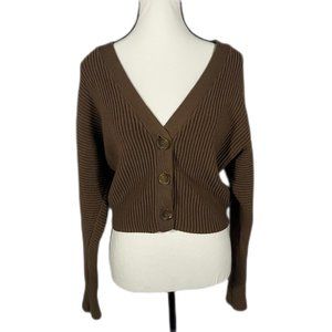 Good American Brown Ribbed Cotton Blend Cardigan Size 2